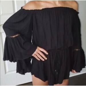 Elan Off Shoulder Bell Sleeve Crochet Detail Swim Cover Up Romper Black Small